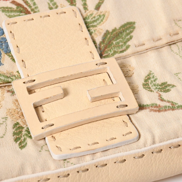 FENDI フェンディ セレリア マンマバケット フラワー刺繍 ショルダーバッグ ボタニカル柄 エンブロイダリー FFロゴ アイボリー シルバー金具 美品 中古 4a006960