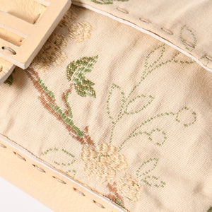 FENDI フェンディ セレリア マンマバケット フラワー刺繍 ショルダーバッグ ボタニカル柄 エンブロイダリー FFロゴ アイボリー シルバー金具 美品 中古 4a006960