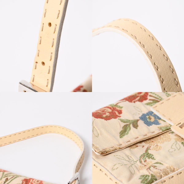 FENDI フェンディ セレリア マンマバケット フラワー刺繍 ショルダーバッグ ボタニカル柄 エンブロイダリー FFロゴ アイボリー シルバー金具 美品 中古 4a006960