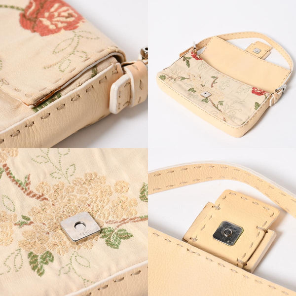 FENDI フェンディ セレリア マンマバケット フラワー刺繍 ショルダーバッグ ボタニカル柄 エンブロイダリー FFロゴ アイボリー シルバー金具 美品 中古 4a006960