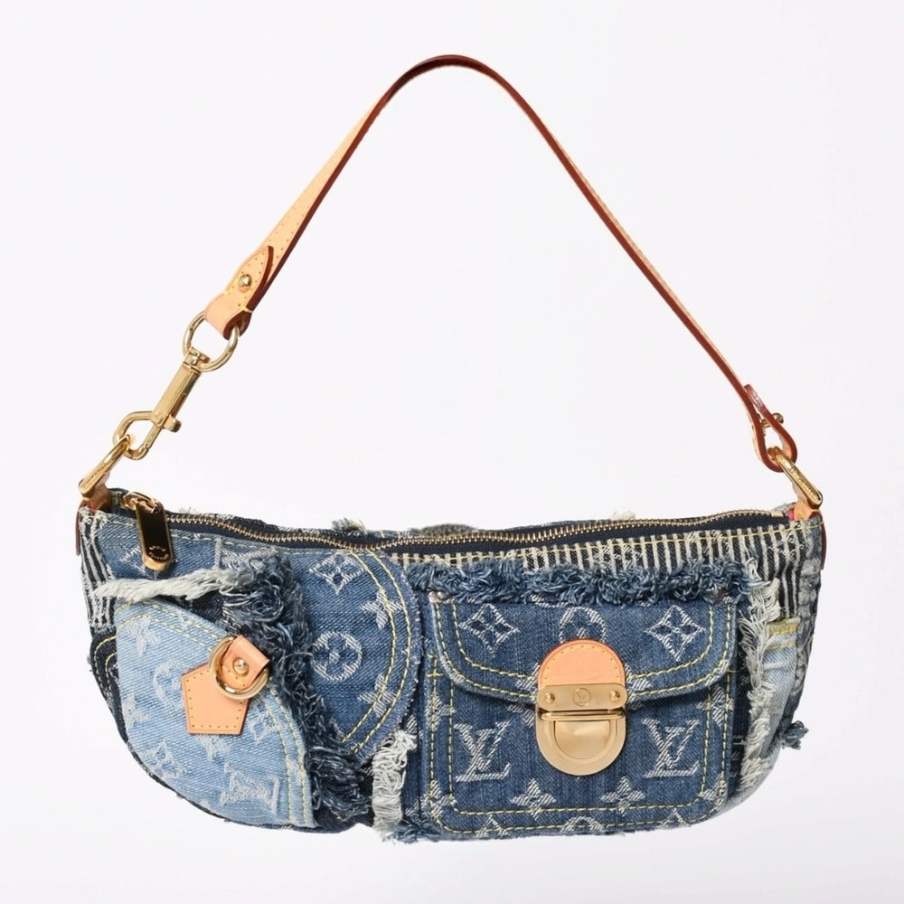 新品同様品 LOUISVUITTON ルイヴィトン パウチィ ワンショルダーバッグ M95382 パッチワーク モノグラムデニム ブルー 中古 4a006993