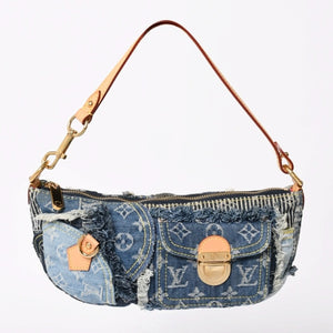 新品同様品 LOUISVUITTON ルイヴィトン パウチィ ワンショルダーバッグ M95382 パッチワーク モノグラムデニム ブルー 中古 4a006993