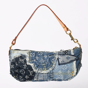 新品同様品 LOUISVUITTON ルイヴィトン パウチィ ワンショルダーバッグ M95382 パッチワーク モノグラムデニム ブルー 中古 4a006993