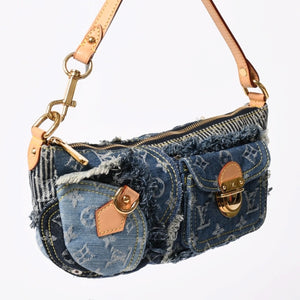新品同様品 LOUISVUITTON ルイヴィトン パウチィ ワンショルダーバッグ M95382 パッチワーク モノグラムデニム ブルー 中古 4a006993