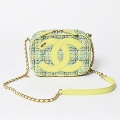 極美品 CHANEL シャネル CC Mania スモールカメラバッグ 27番台 ココマーク ライムグリーン マルチカラー ツイード ラムスキン ゴールド金具 中古 4a006953