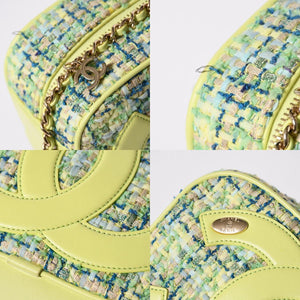 極美品 CHANEL シャネル CC Mania スモールカメラバッグ 27番台 ココマーク ライムグリーン マルチカラー ツイード ラムスキン ゴールド金具 中古 4a006953