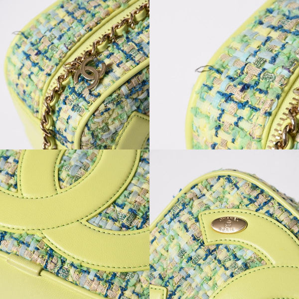 極美品 CHANEL シャネル CC Mania スモールカメラバッグ 27番台 ココマーク ライムグリーン マルチカラー ツイード ラムスキン ゴールド金具 中古 4a006953