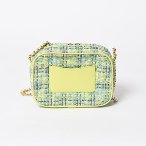 極美品 CHANEL シャネル CC Mania スモールカメラバッグ 27番台 ココマーク ライムグリーン マルチカラー ツイード ラムスキン ゴールド金具 中古 4a006953