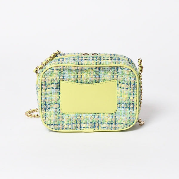 極美品 CHANEL シャネル CC Mania スモールカメラバッグ 27番台 ココマーク ライムグリーン マルチカラー ツイード ラムスキン ゴールド金具 中古 4a006953
