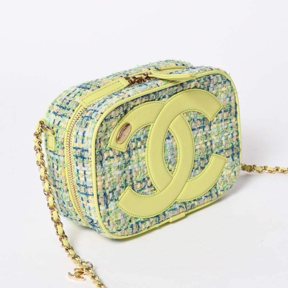 Very Good Condition CHANEL CC Mania Small Camera Bag No. 27 Coco Mark Lime Green Multicolor Tweed Lambskin Gold Hardware Used 4a006953