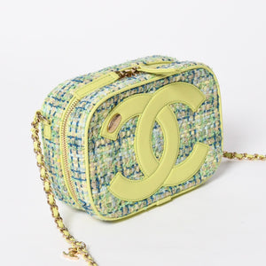 極美品 CHANEL シャネル CC Mania スモールカメラバッグ 27番台 ココマーク ライムグリーン マルチカラー ツイード ラムスキン ゴールド金具 中古 4a006953