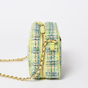 極美品 CHANEL シャネル CC Mania スモールカメラバッグ 27番台 ココマーク ライムグリーン マルチカラー ツイード ラムスキン ゴールド金具 中古 4a006953