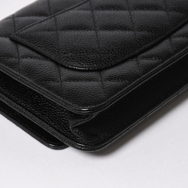 新品同様品 CHANEL シャネル マトラッセ チェーンウォレット キャビアスキン ランダム番台 ブラック シルバー金具 中古 4a006955
