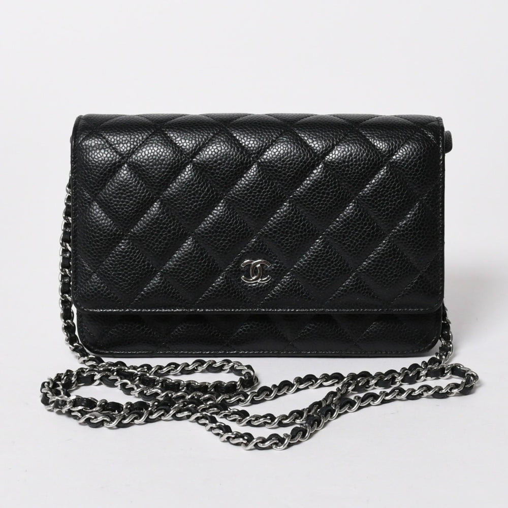 新品同様品 CHANEL シャネル 財布 マトラッセ クラシック チェーンウォレット ランダム番台 キャビアスキン ココマーク ブラック 中古 4a006950