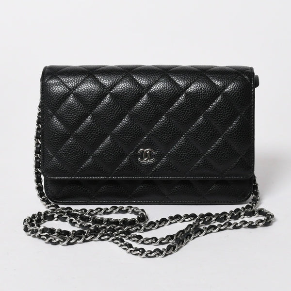 新品同様品 CHANEL シャネル 財布 マトラッセ クラシック チェーンウォレット ランダム番台 キャビアスキン ココマーク ブラック 中古 4a006950