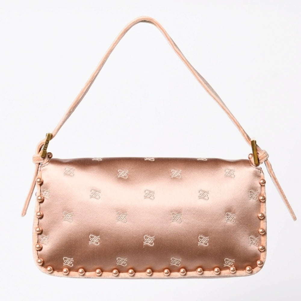 極美品 FENDI フェンディ バゲット 1997 マンマバケット ショルダーバッグ 8BR792 パール シルクサテン ベルベット ライトピンク ゴールド金具 中古 4a006962