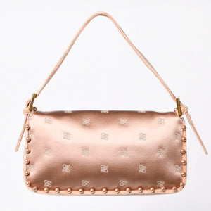 極美品 FENDI フェンディ バゲット 1997 マンマバケット ショルダーバッグ 8BR792 パール シルクサテン ベルベット ライトピンク ゴールド金具 中古 4a006962