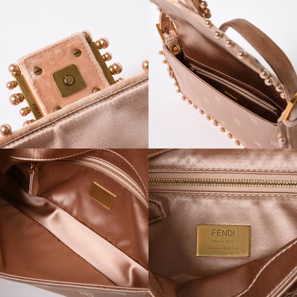 極美品 FENDI フェンディ バゲット 1997 マンマバケット ショルダーバッグ 8BR792 パール シルクサテン ベルベット ライトピンク ゴールド金具 中古 4a006962