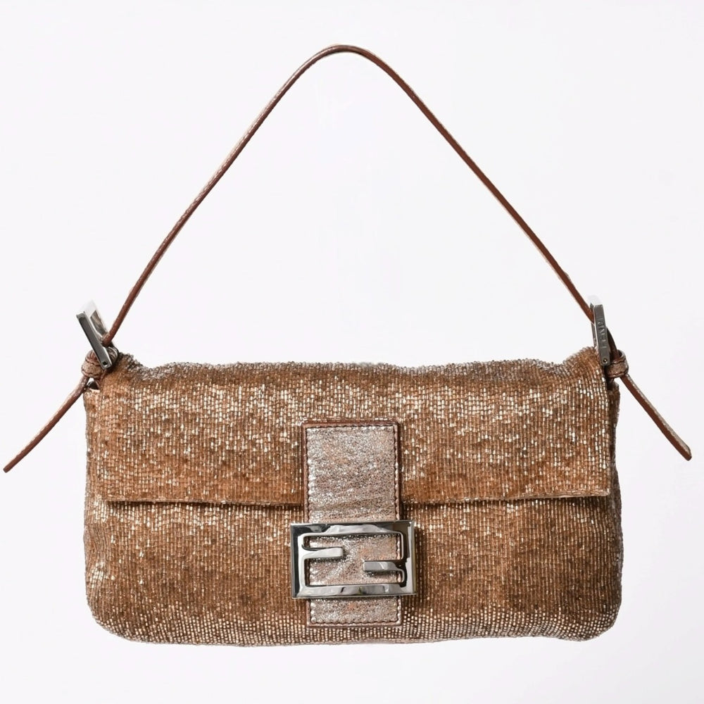 極美品 FENDI フェンディ マンマバケット ワンショルダーバッグ 8BR600 ビーズ刺繍 レザー ブラウン シルバー シルバー金具 中古 4a006957