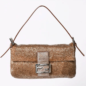 極美品 FENDI フェンディ マンマバケット ワンショルダーバッグ 8BR600 ビーズ刺繍 レザー ブラウン シルバー シルバー金具 中古 4a006957