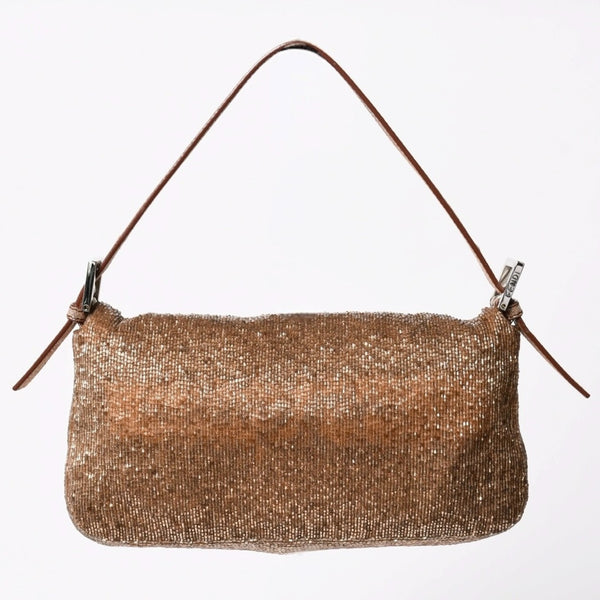 極美品 FENDI フェンディ マンマバケット ワンショルダーバッグ 8BR600 ビーズ刺繍 レザー ブラウン シルバー シルバー金具 中古 4a006957