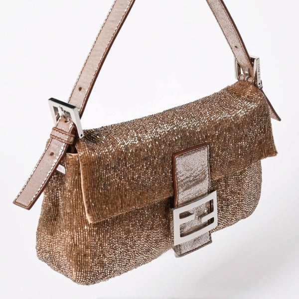 極美品 FENDI フェンディ マンマバケット ワンショルダーバッグ 8BR600 ビーズ刺繍 レザー ブラウン シルバー シルバー金具 中古 4a006957