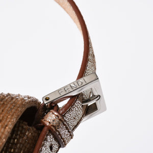 極美品 FENDI フェンディ マンマバケット ワンショルダーバッグ 8BR600 ビーズ刺繍 レザー ブラウン シルバー シルバー金具 中古 4a006957