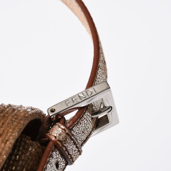 極美品 FENDI フェンディ マンマバケット ワンショルダーバッグ 8BR600 ビーズ刺繍 レザー ブラウン シルバー シルバー金具 中古 4a006957