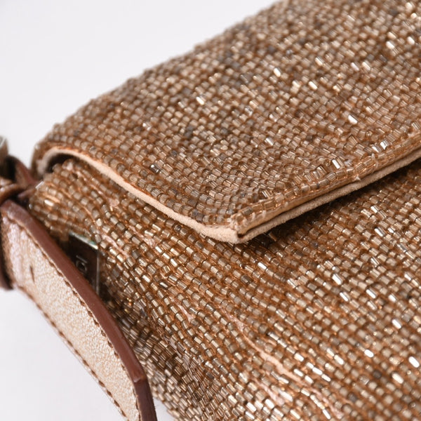 極美品 FENDI フェンディ マンマバケット ワンショルダーバッグ 8BR600 ビーズ刺繍 レザー ブラウン シルバー シルバー金具 中古 4a006957