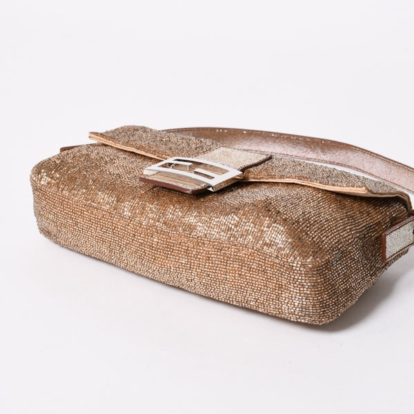 極美品 FENDI フェンディ マンマバケット ワンショルダーバッグ 8BR600 ビーズ刺繍 レザー ブラウン シルバー シルバー金具 中古 4a006957