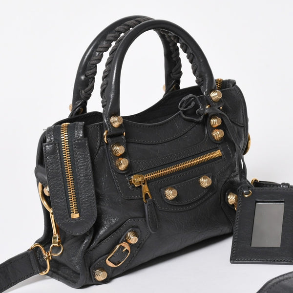 極美品 BALENCIAGA バレンシアガ LE CITY MINI ミニ シティ ハンドバッグ ショルダーバッグ 2WAYバッグ 309544 グレー ゴールド金具 中古 4a006988