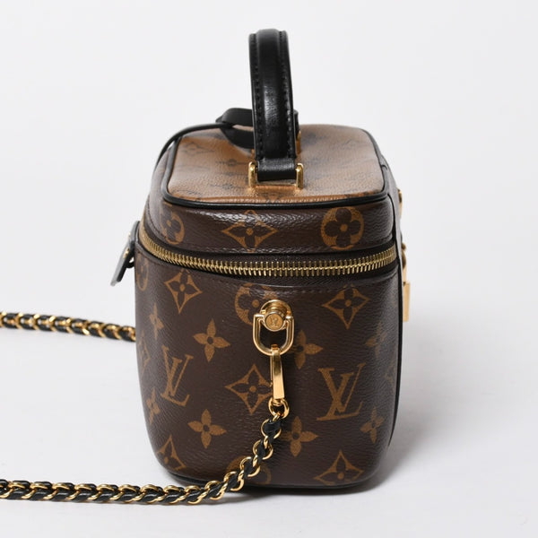 極美品 LOUIS VUITTON ルイヴィトン ヴァニティー・チェーン ポーチ モノグラム・リバース M47125 ブラウン ゴールド金具 中古 4a007059