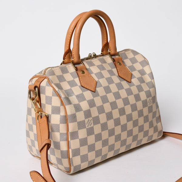 LOUIS VUITTON ルイヴィトン ダミエ アズール スピーディバンドリエール25 N41374 PVC ヌメ革 ホワイト ゴールド金具 美品 中古 4a007115