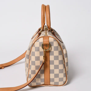 LOUIS VUITTON ルイヴィトン ダミエ アズール スピーディバンドリエール25 N41374 PVC ヌメ革 ホワイト ゴールド金具 美品 中古 4a007115