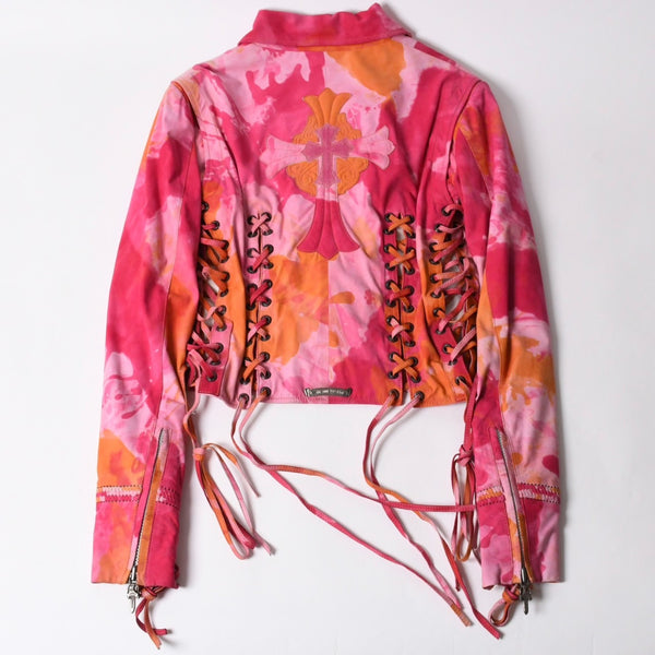 極美品 CHROME HEARTS クロムハーツ TIEDYE タイダイ レザージャケット U.S.A製 レザー ピンク オレンジ サイズL 中古 4a007365