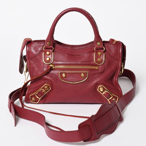 極美品 BALENCIAGA バレンシアガ クラシック メタリック エッジ ミニシティ ハンドバッグ 390160 ショルダーバッグ 2WAY ボルドー ゴールド金具 中古 4a006976