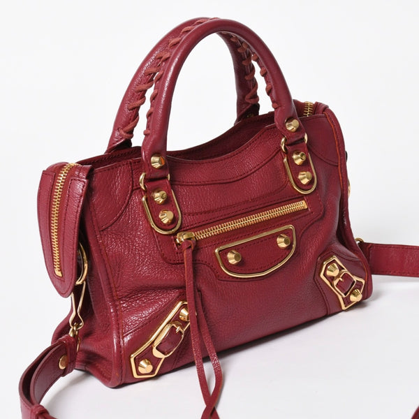極美品 BALENCIAGA バレンシアガ クラシック メタリック エッジ ミニシティ ハンドバッグ 390160 ショルダーバッグ 2WAY ボルドー ゴールド金具 中古 4a006976