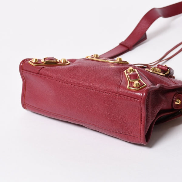 極美品 BALENCIAGA バレンシアガ クラシック メタリック エッジ ミニシティ ハンドバッグ 390160 ショルダーバッグ 2WAY ボルドー ゴールド金具 中古 4a006976
