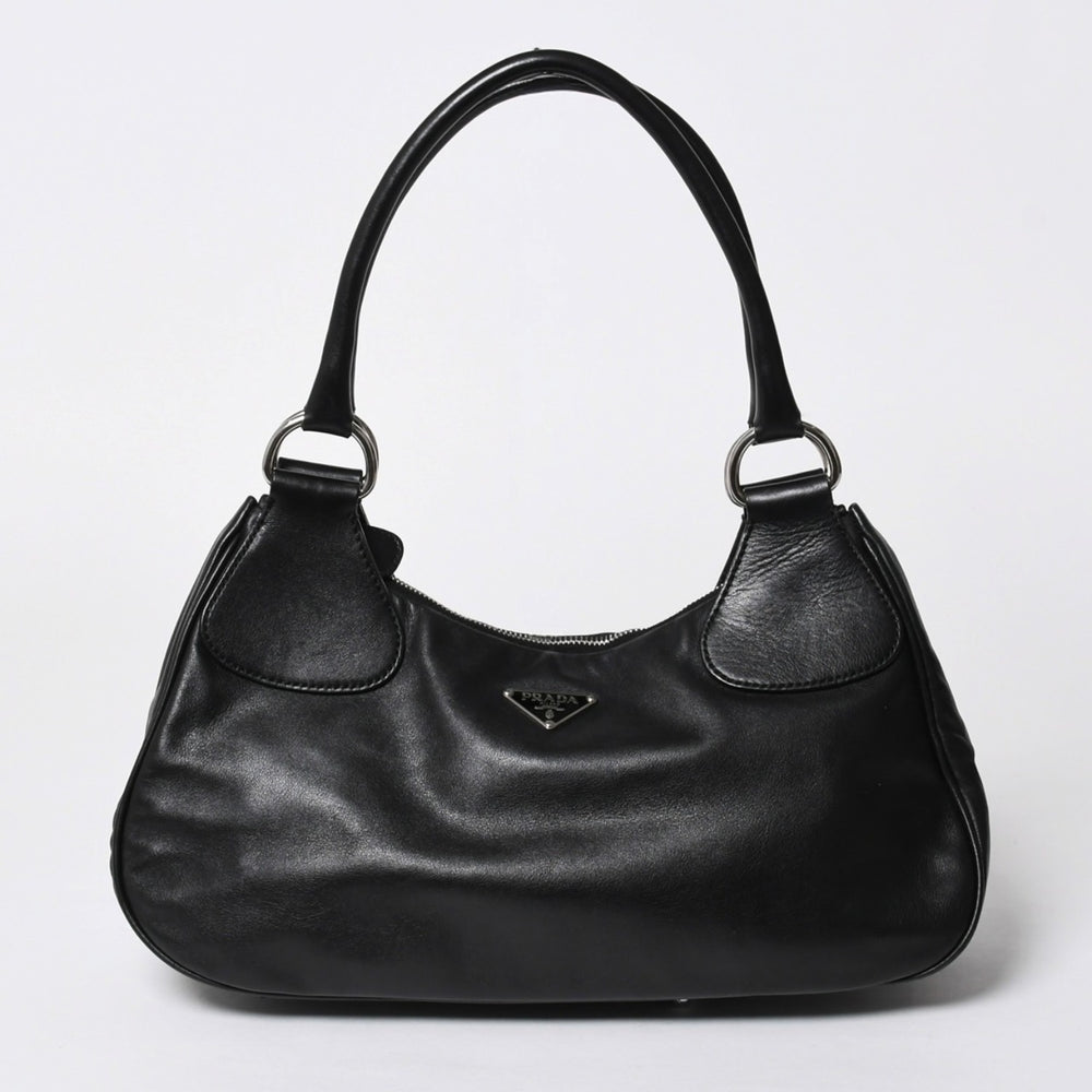 極美品 PRADA プラダ ブラックレザー製 ハンドバッグ ワンショルダー ブラック シルバー金具 メタルエナメルプレート 中古 4a006961