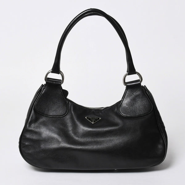 極美品 PRADA プラダ ブラックレザー製 ハンドバッグ ワンショルダー ブラック シルバー金具 メタルエナメルプレート 中古 4a006961