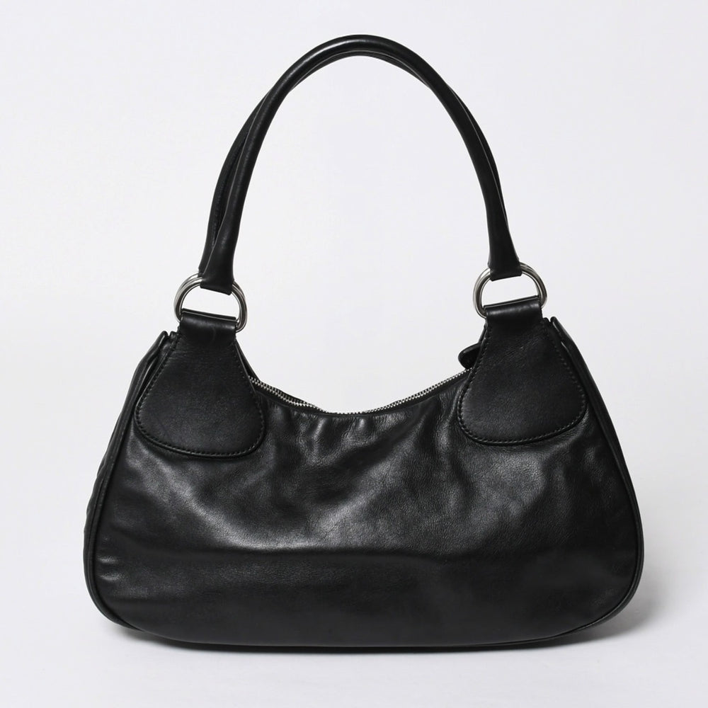 極美品 PRADA プラダ ブラックレザー製 ハンドバッグ ワンショルダー ブラック シルバー金具 メタルエナメルプレート 中古 4a006961