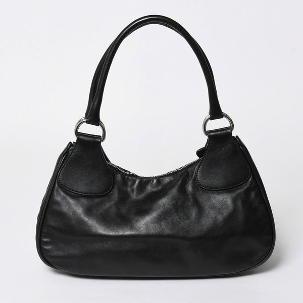 極美品 PRADA プラダ ブラックレザー製 ハンドバッグ ワンショルダー ブラック シルバー金具 メタルエナメルプレート 中古 4a006961