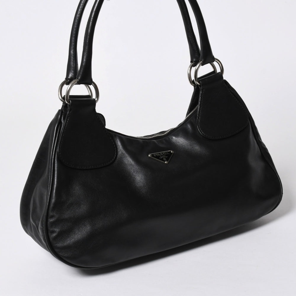 極美品 PRADA プラダ ブラックレザー製 ハンドバッグ ワンショルダー ブラック シルバー金具 メタルエナメルプレート 中古 4a006961