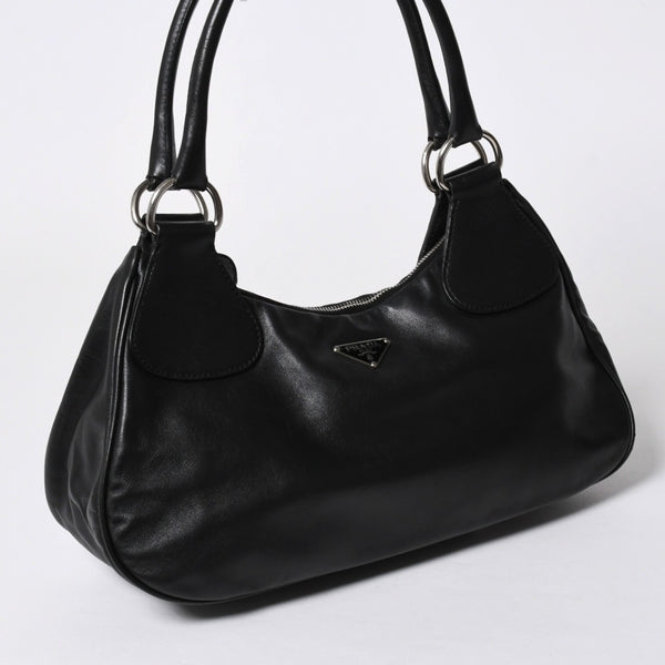極美品 PRADA プラダ ブラックレザー製 ハンドバッグ ワンショルダー ブラック シルバー金具 メタルエナメルプレート 中古 4a006961