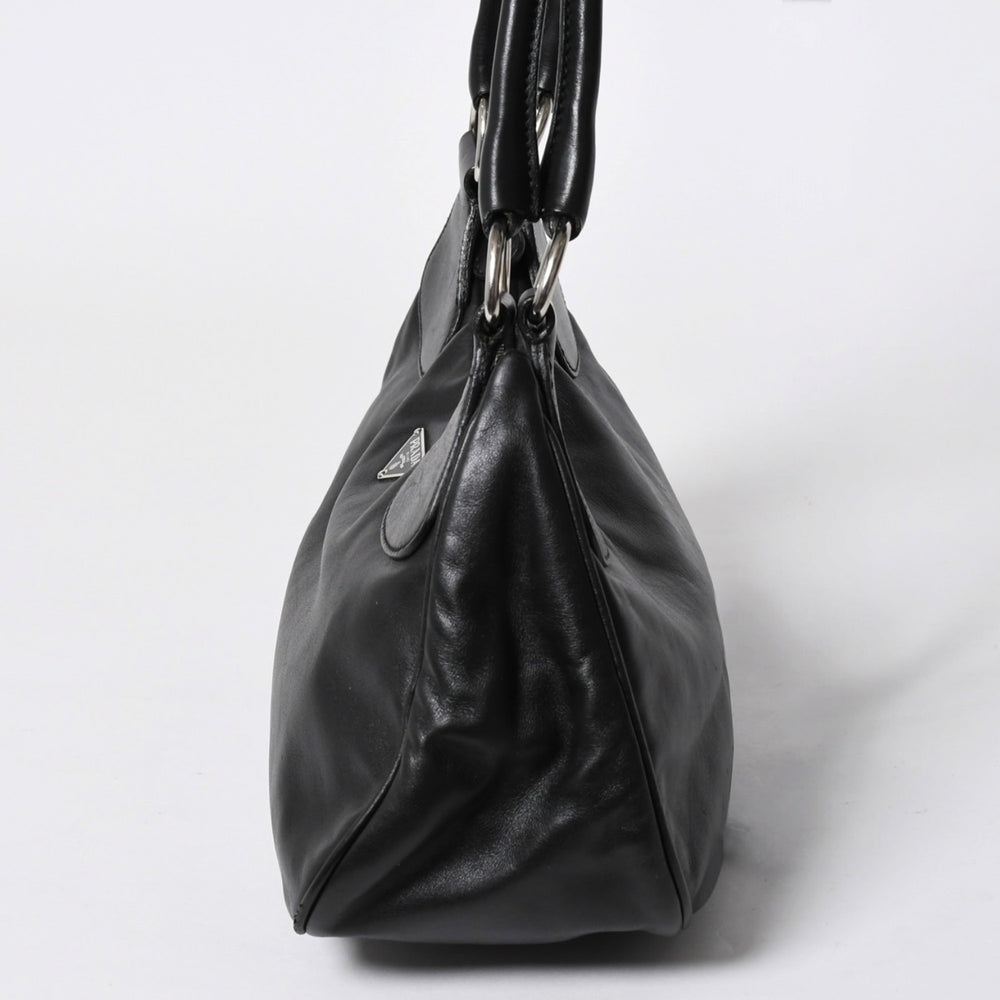 極美品 PRADA プラダ ブラックレザー製 ハンドバッグ ワンショルダー ブラック シルバー金具 メタルエナメルプレート 中古 4a006961