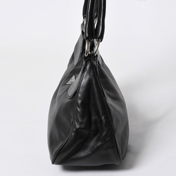 極美品 PRADA プラダ ブラックレザー製 ハンドバッグ ワンショルダー ブラック シルバー金具 メタルエナメルプレート 中古 4a006961