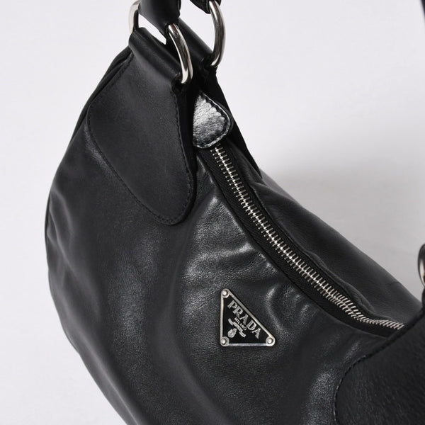 極美品 PRADA プラダ ブラックレザー製 ハンドバッグ ワンショルダー ブラック シルバー金具 メタルエナメルプレート 中古 4a006961