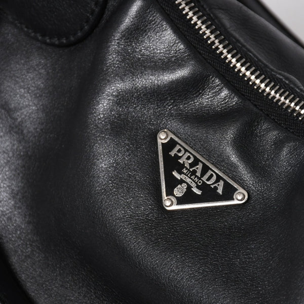 極美品 PRADA プラダ ブラックレザー製 ハンドバッグ ワンショルダー ブラック シルバー金具 メタルエナメルプレート 中古 4a006961