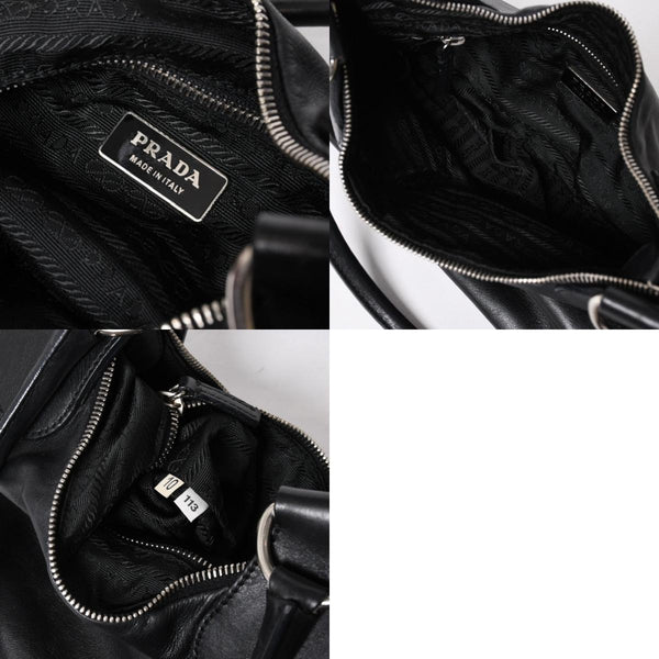 極美品 PRADA プラダ ブラックレザー製 ハンドバッグ ワンショルダー ブラック シルバー金具 メタルエナメルプレート 中古 4a006961