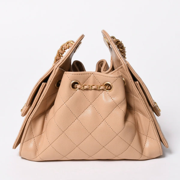 新品同様 CHANEL シャネル CHANEL25 チェーンショルダーバッグ T4K8XNHK ランダム番台 キャビアスキン ベージュ シャンパンゴールド金具 中古 4a006992